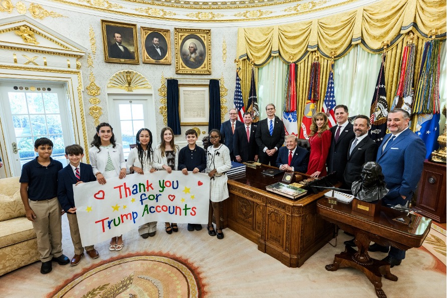 President Donald Trump with children and other participants in the Oval Office at the October 7, 2026, Trump Accounts event.