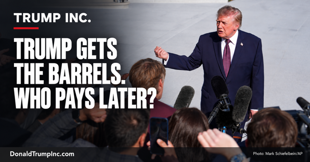 Donald Trump speaking to reporters at the White House on October 2, 2026, on a Trump Inc. cover about the G7 fuel release.