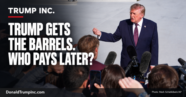 Donald Trump speaking to reporters at the White House on October 2, 2026, on a Trump Inc. cover about the G7 fuel release.