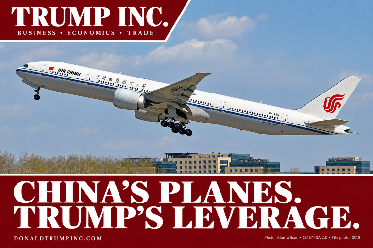 Trump Inc. editorial graphic based on Alan Wilson’s 2019 Air China photograph, with red-and-white publication branding and the article headline.