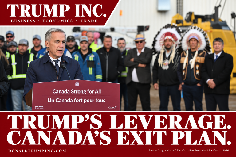 Trump Inc. red-and-white editorial cover showing Mark Carney at the Pacific Link announcement, with the headline Trump’s Leverage. Canada’s Exit Plan.