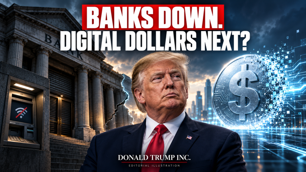 Editorial illustration of Donald Trump between a bank and a digital dollar, with the headline Banks Down. Digital Dollars Next?