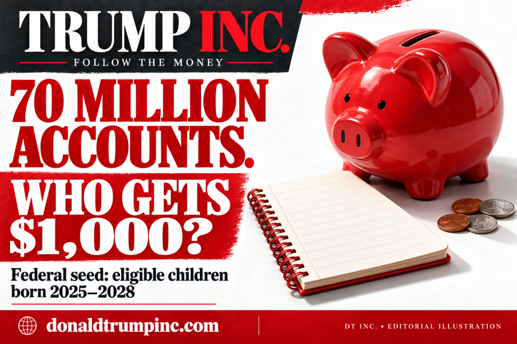 Trump Inc. editorial illustration of a red piggy bank beside the headline: 70 million accounts. Who gets $1,000? Federal seed: eligible children born 2025–2028.